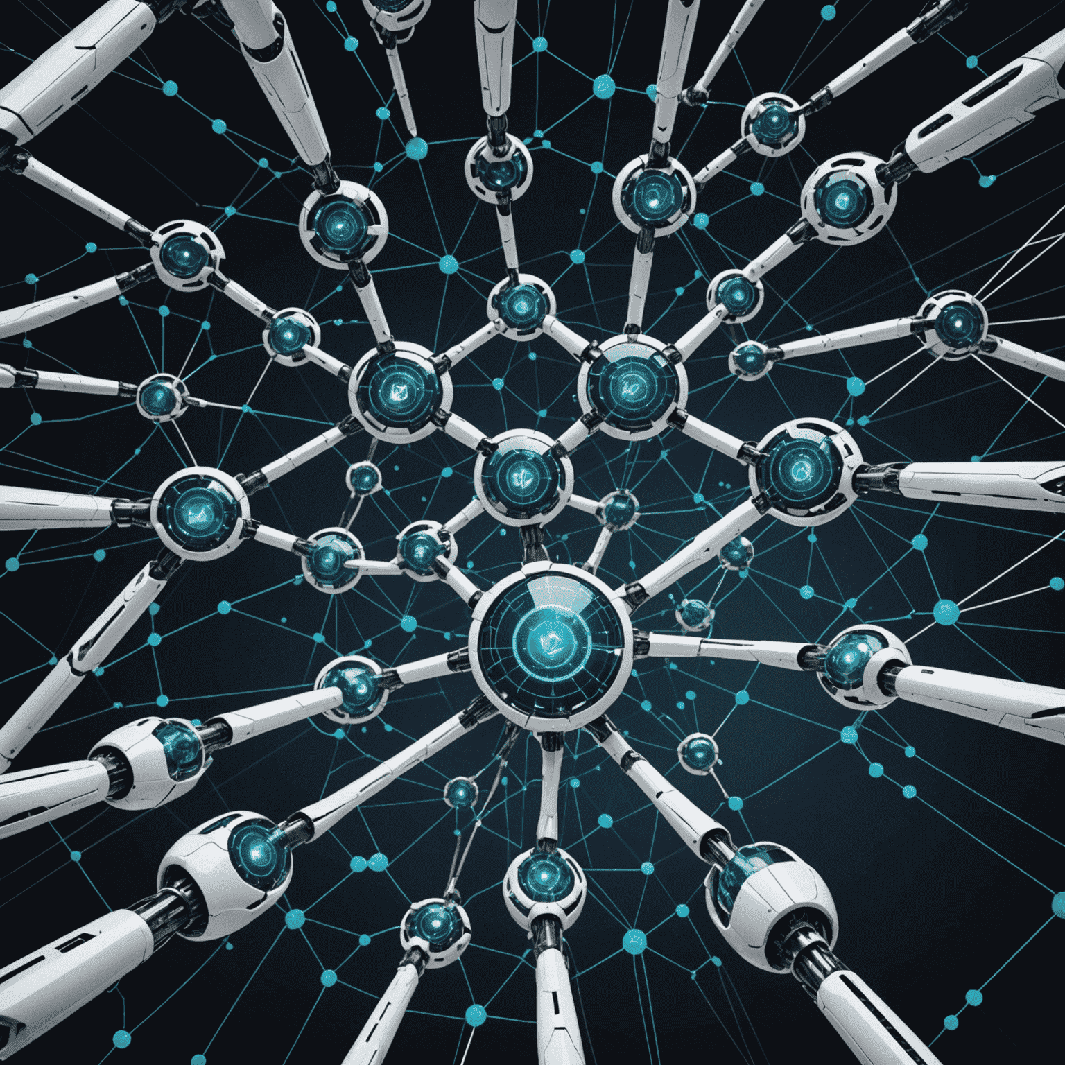 Futuristic visualization of AI-driven automation processes, showing interconnected nodes and data streams flowing through a network of robotic arms and computer screens