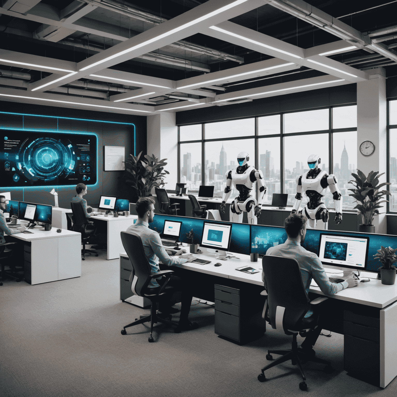 A futuristic office space with robots working alongside humans, showcasing seamless integration of RPA in a modern workplace