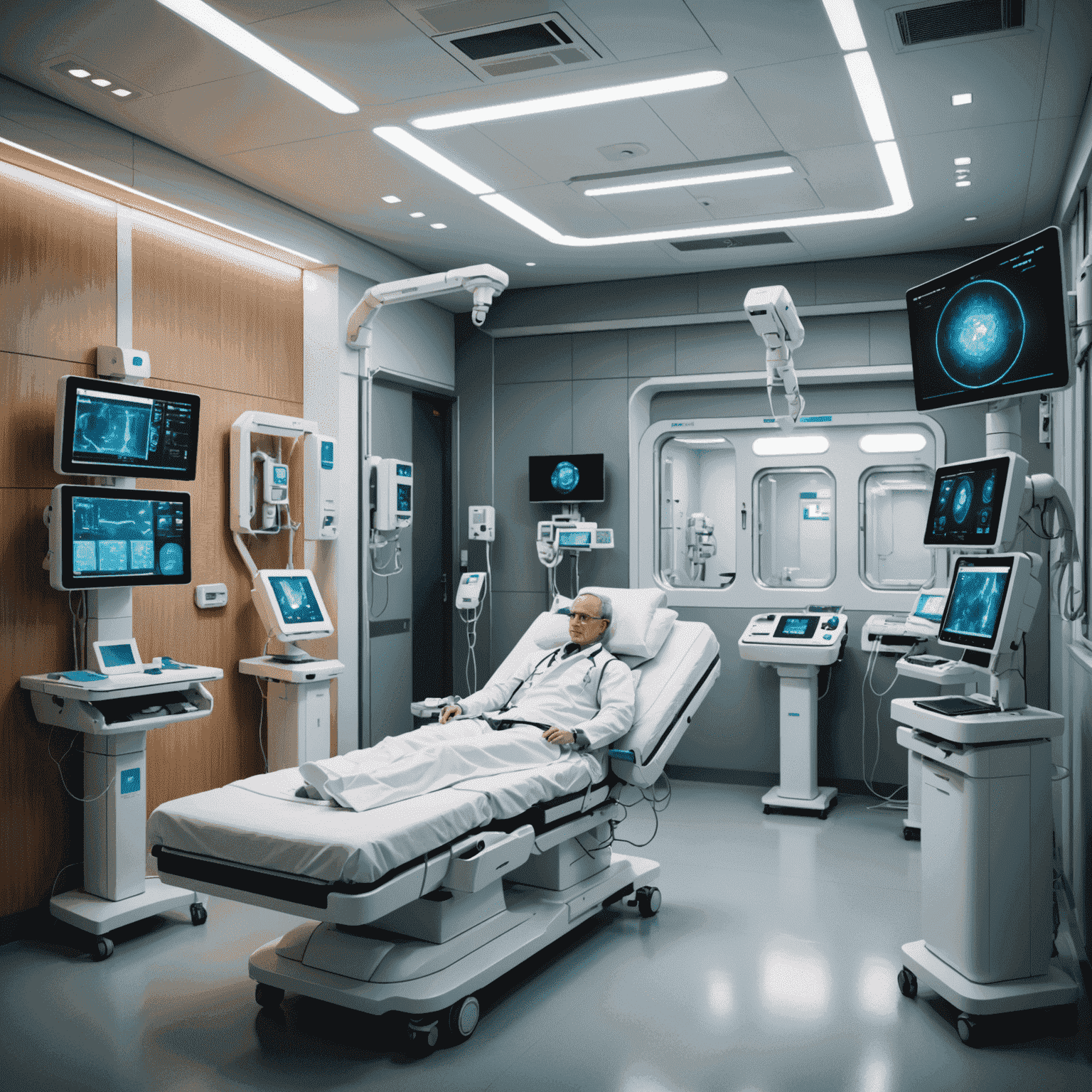 A futuristic hospital room with advanced robotic systems assisting medical staff, showcasing various automated processes in a healthcare setting