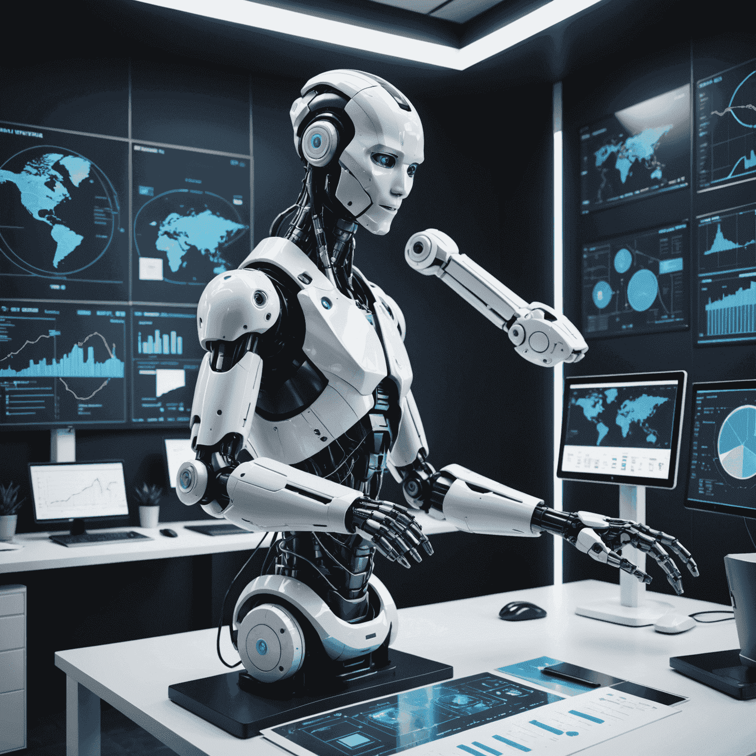 A futuristic robot arm performing various office tasks, surrounded by holographic screens displaying workflow diagrams and data charts.
