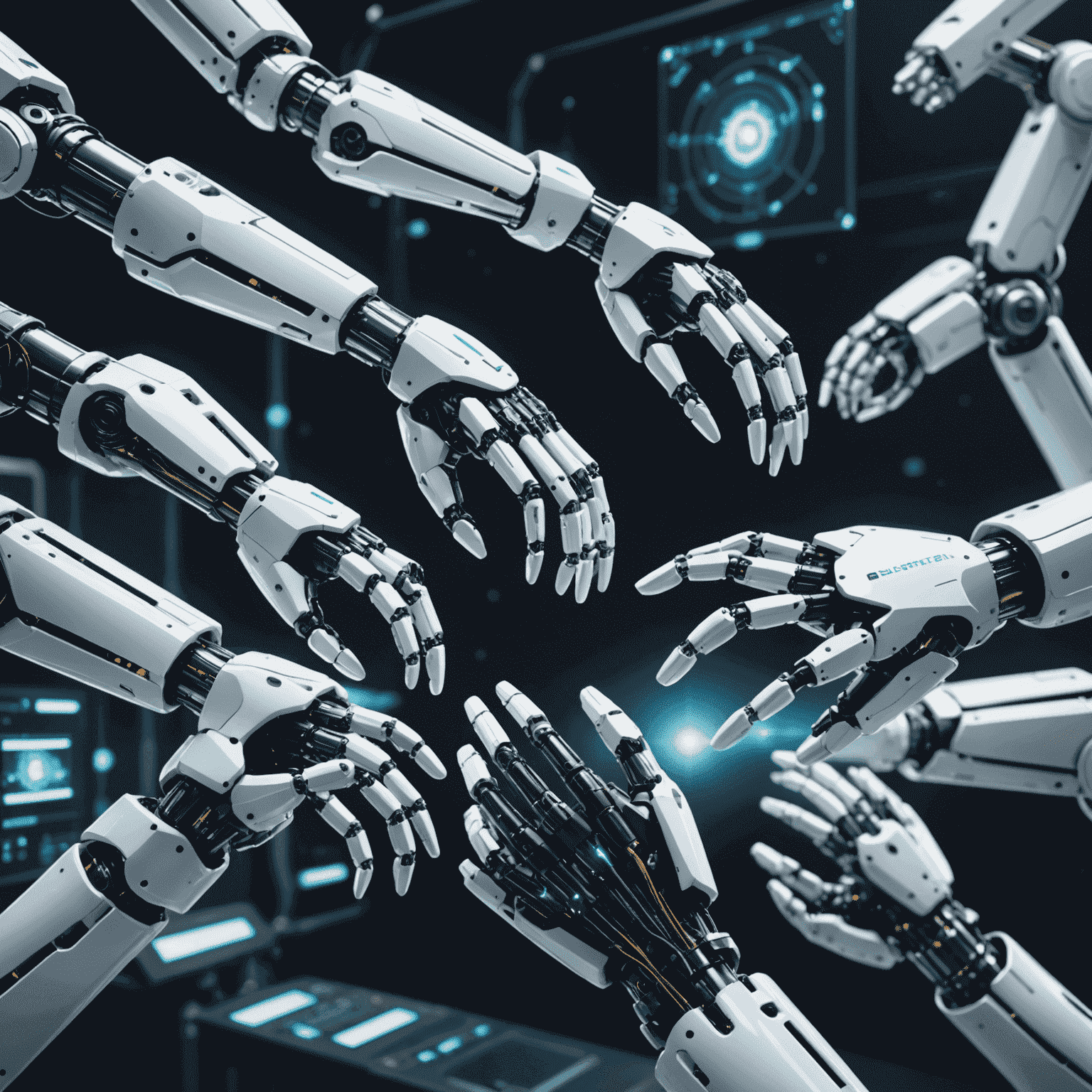 Futuristic visualization of robotic arms working on digital interfaces, representing Robotic Process Automation in action
