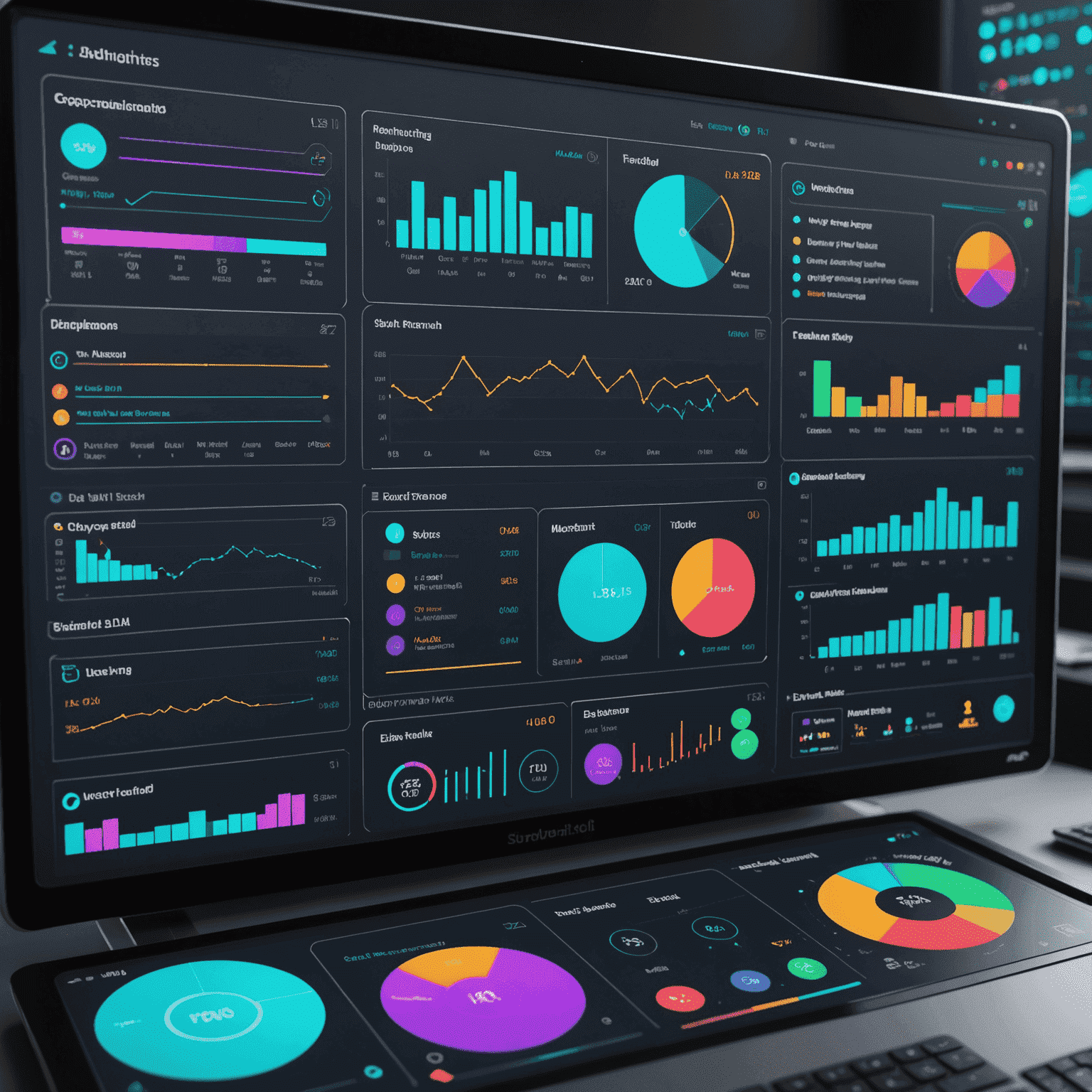 A futuristic dashboard displaying various automated workflows and productivity metrics. The interface shows colorful charts, real-time data streams, and AI-assisted task management tools.
