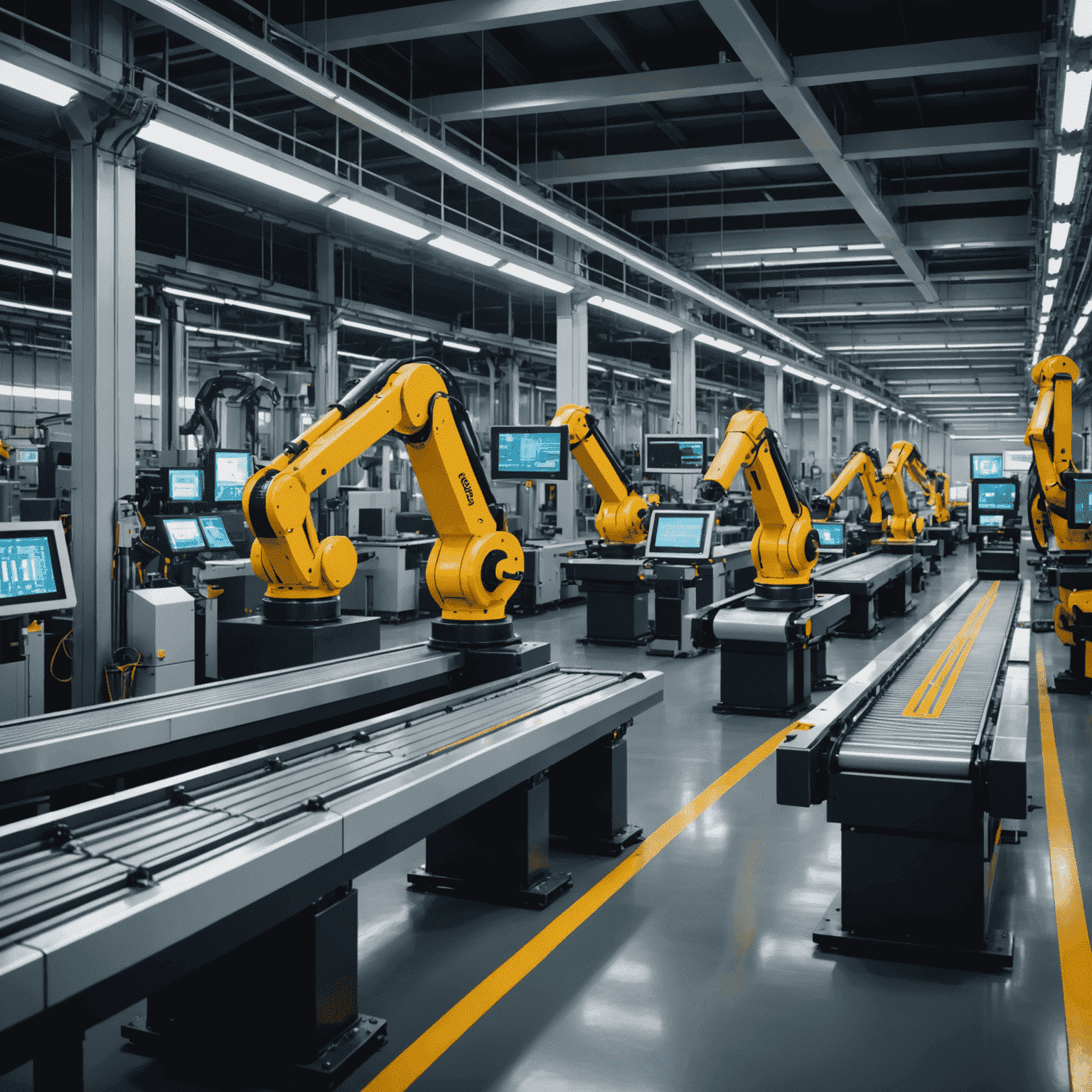Futuristic automated manufacturing line with robotic arms assembling products on a conveyor belt, surrounded by holographic displays showing real-time production data