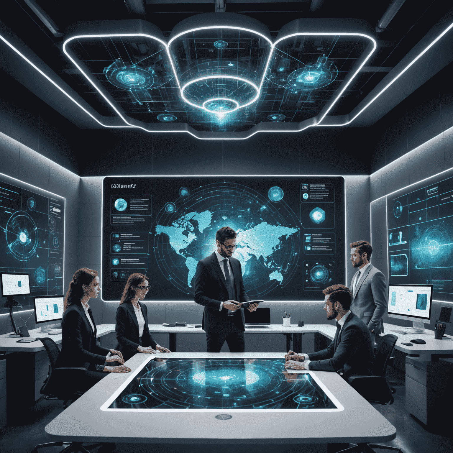 A futuristic office space with holographic displays showing automation processes and AI-driven analytics. The image showcases a team of professionals collaborating around a central smart table, with data visualizations and robotic process automation diagrams floating in the air.