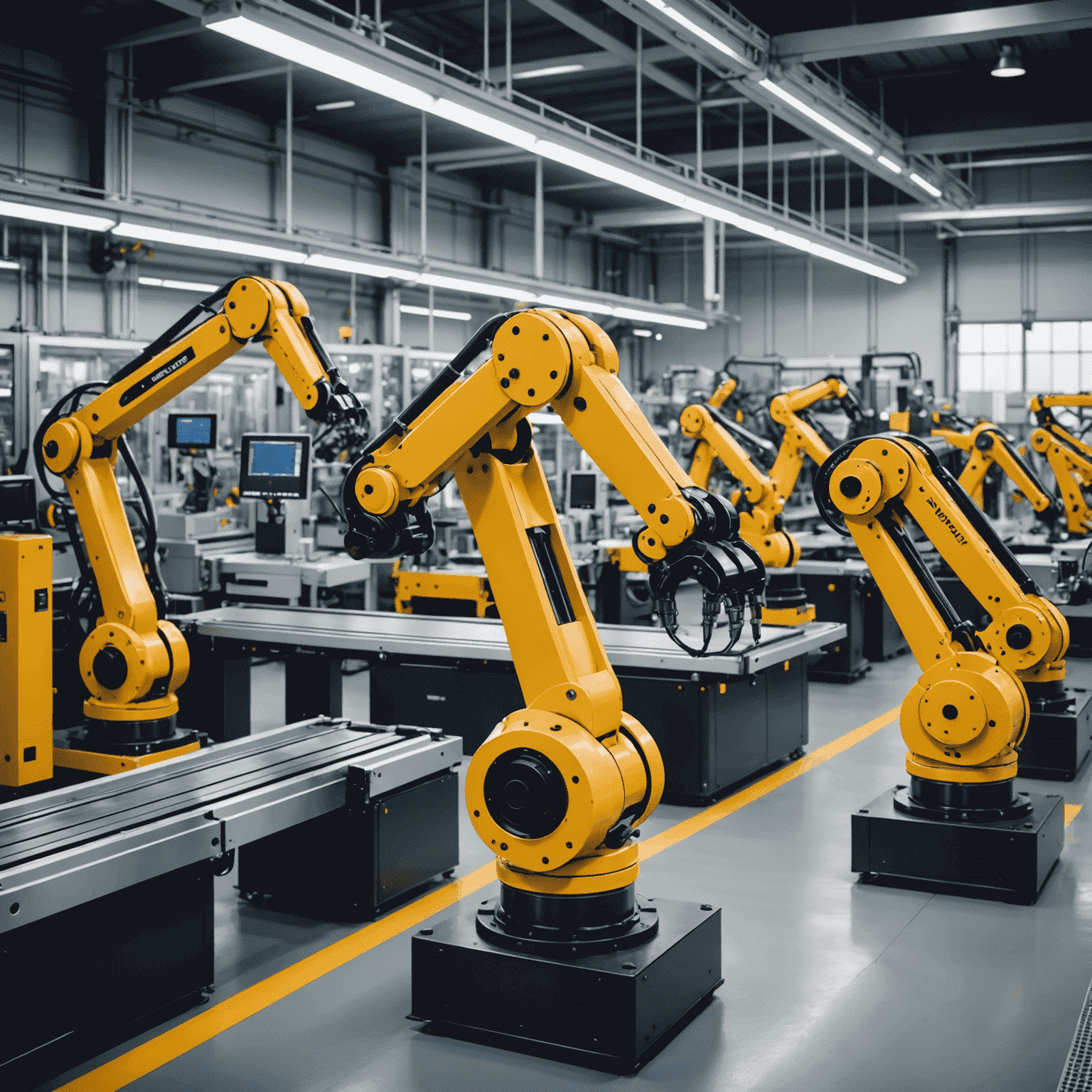 A visual representation of a manufacturing assembly line with robotic arms performing precise operations, illustrating the application of RPA in manufacturing