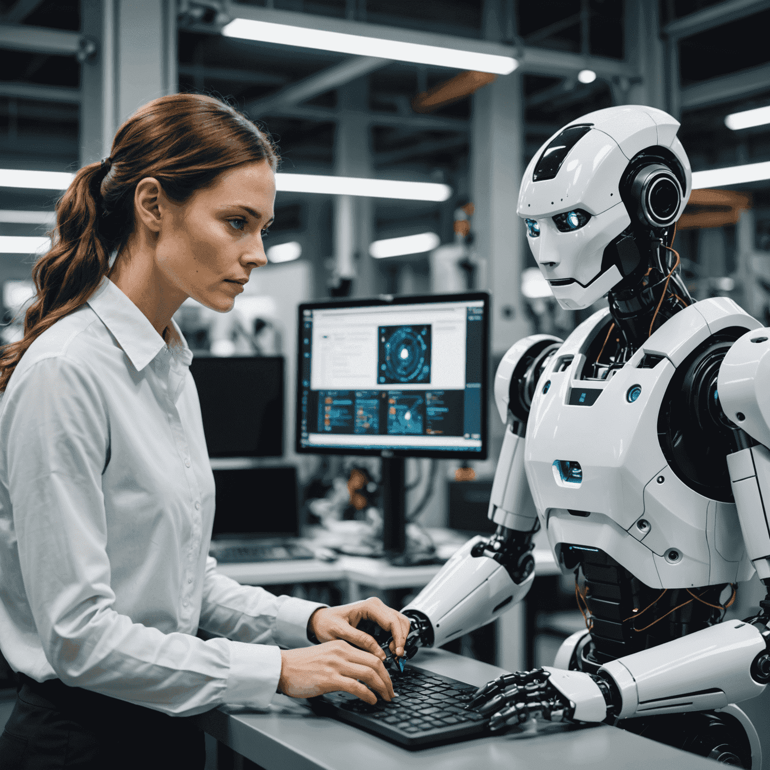 Split-screen image showing a human worker and a robot collaboratively processing data, symbolizing the synergy between human intelligence and RPA