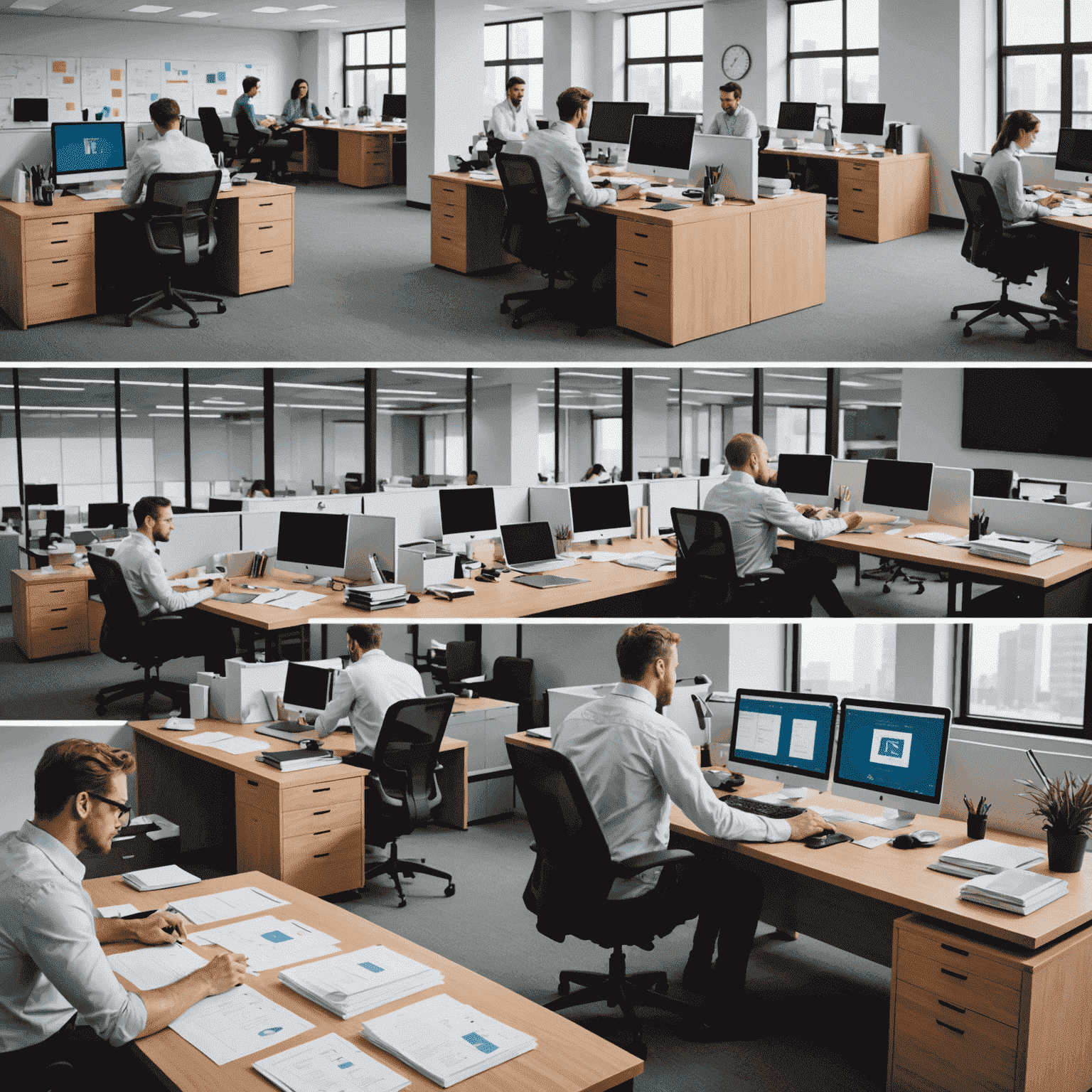 A split-screen image comparing a traditional office setup with stacks of paper and stressed employees to a modern, automated office with relaxed workers and sleek digital interfaces.