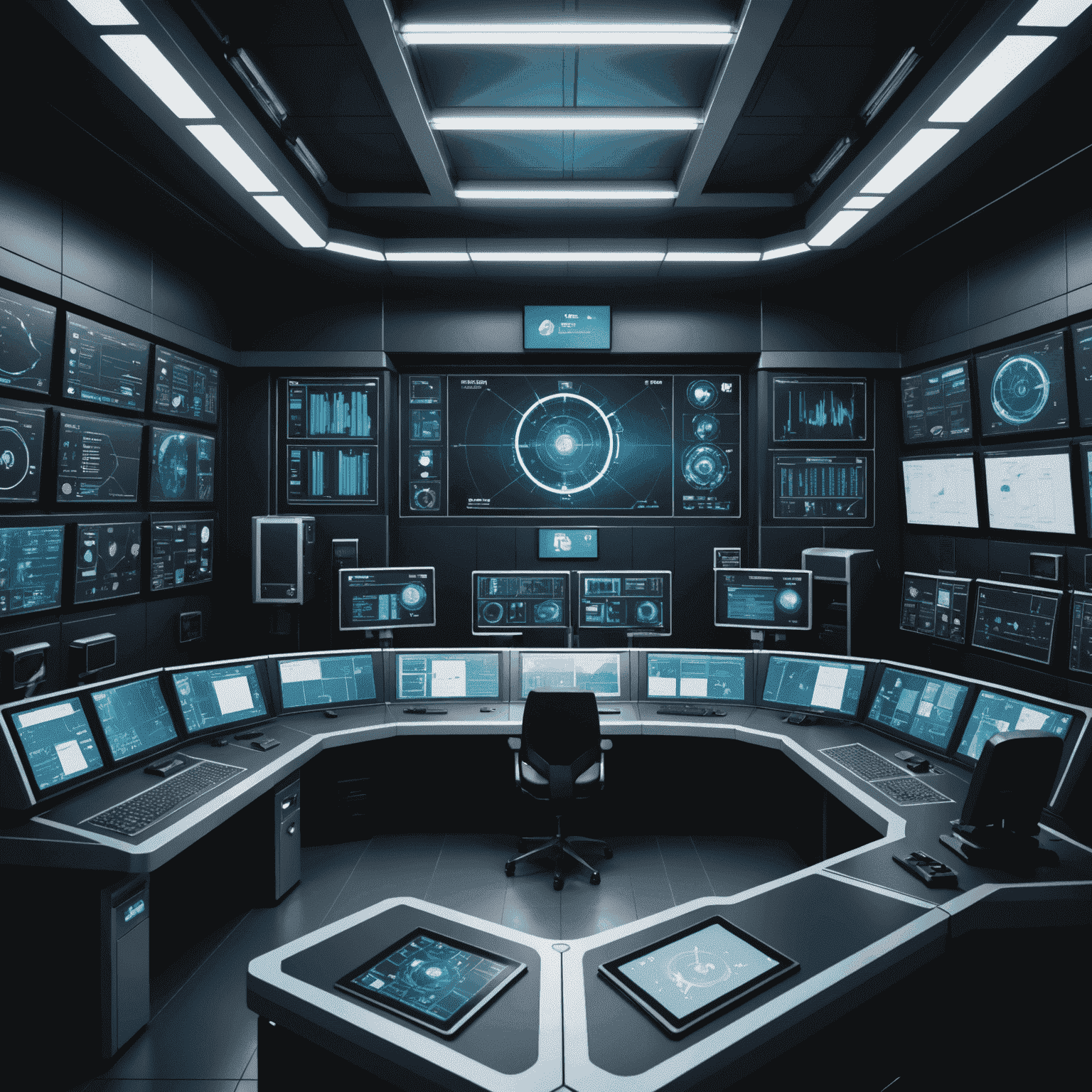 Futuristic control room with large touchscreen interfaces displaying real-time data from various automated manufacturing processes, with AI assistants providing insights