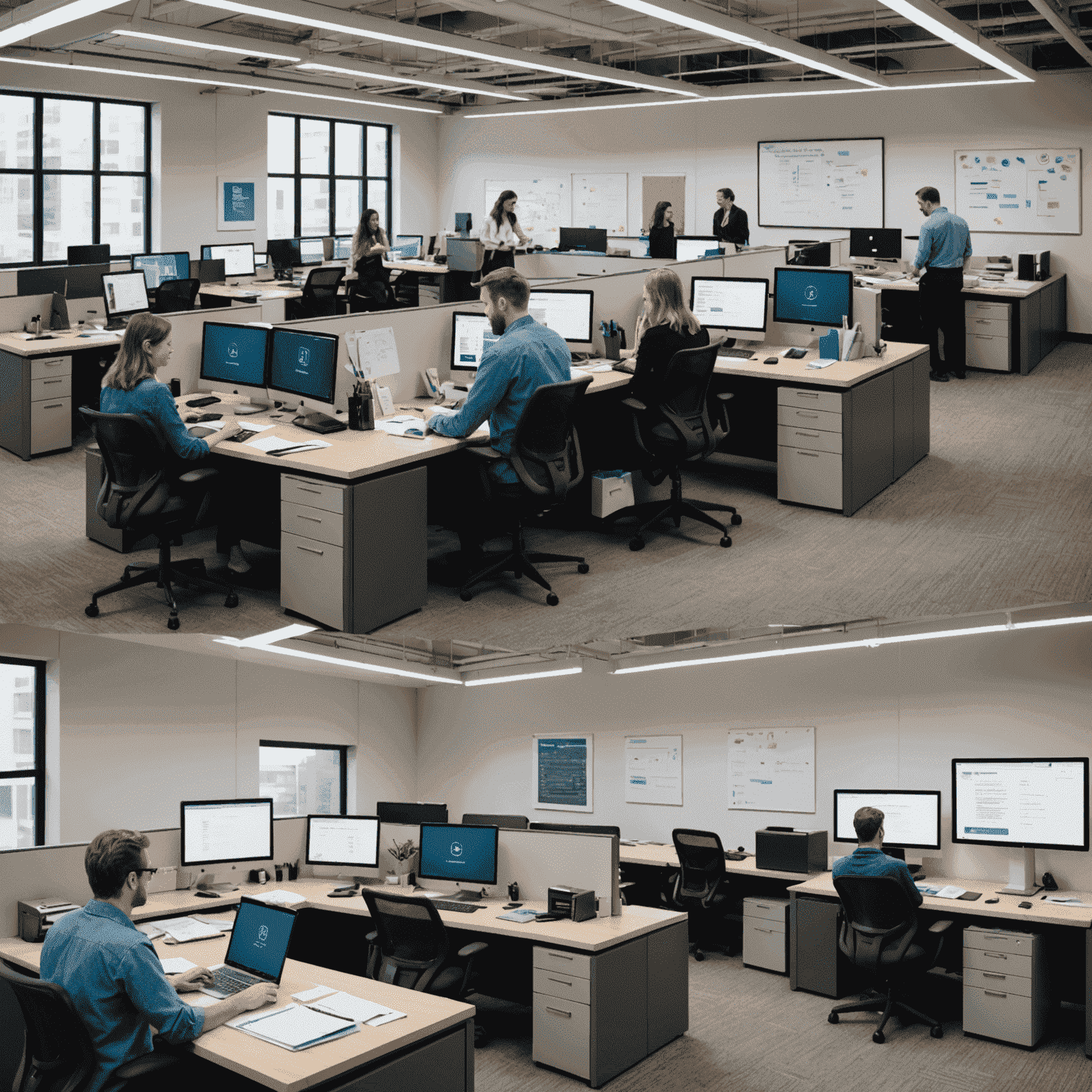 A split-screen image showing before and after automation implementation. The left side depicts a cluttered, paper-filled office with stressed employees, while the right side shows a sleek, digital workspace with happy, productive team members interacting with AI assistants and automated systems.