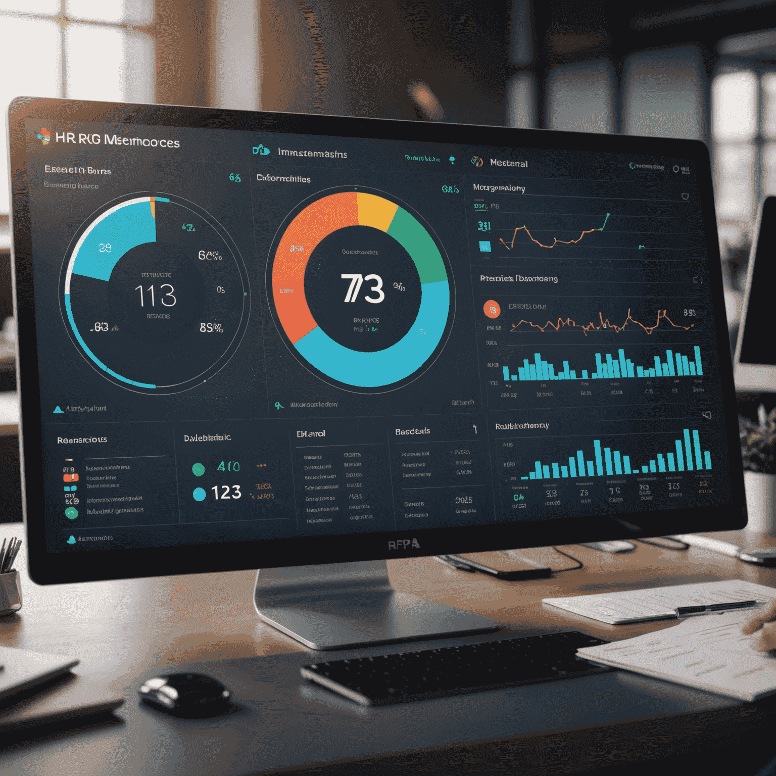 A digital dashboard showing various HR metrics and automated processes, representing the implementation of RPA in human resources