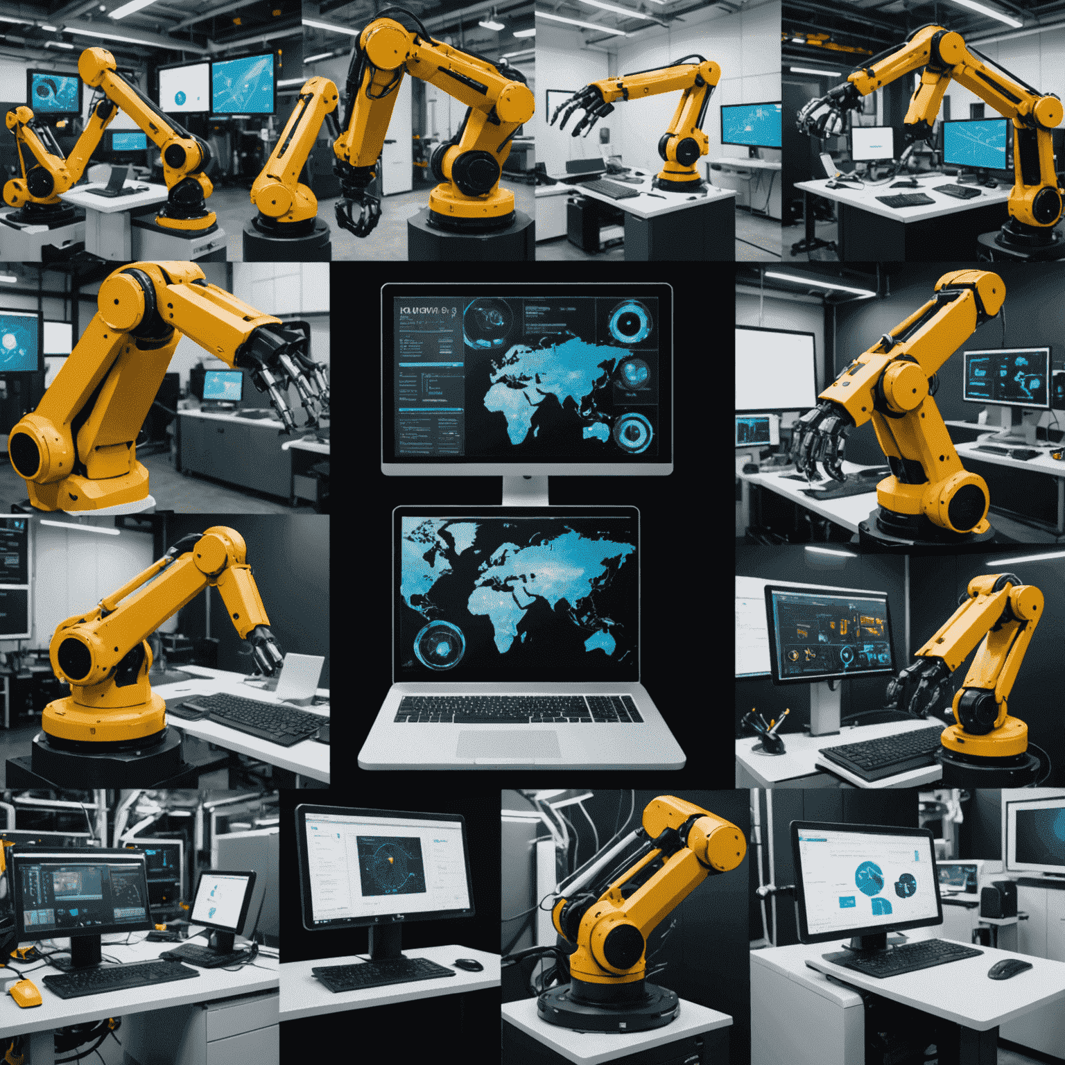 Collage of various industry settings showcasing robotic arms and computer screens, illustrating successful RPA implementations across different sectors