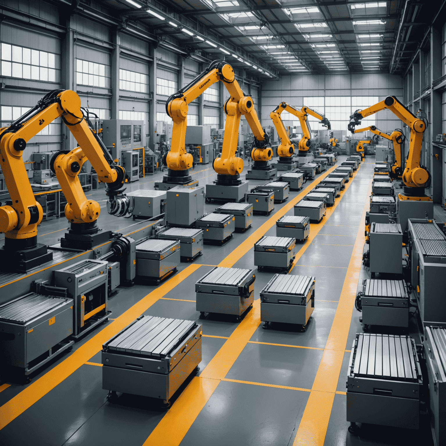 A modern factory floor with robotic arms and automated conveyor belts, showcasing advanced industrial automation processes in action.
