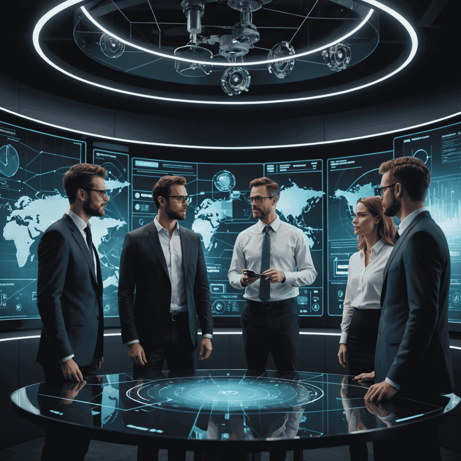 A team of diverse professionals discussing automation strategies around a holographic display showing various business metrics and automation possibilities.